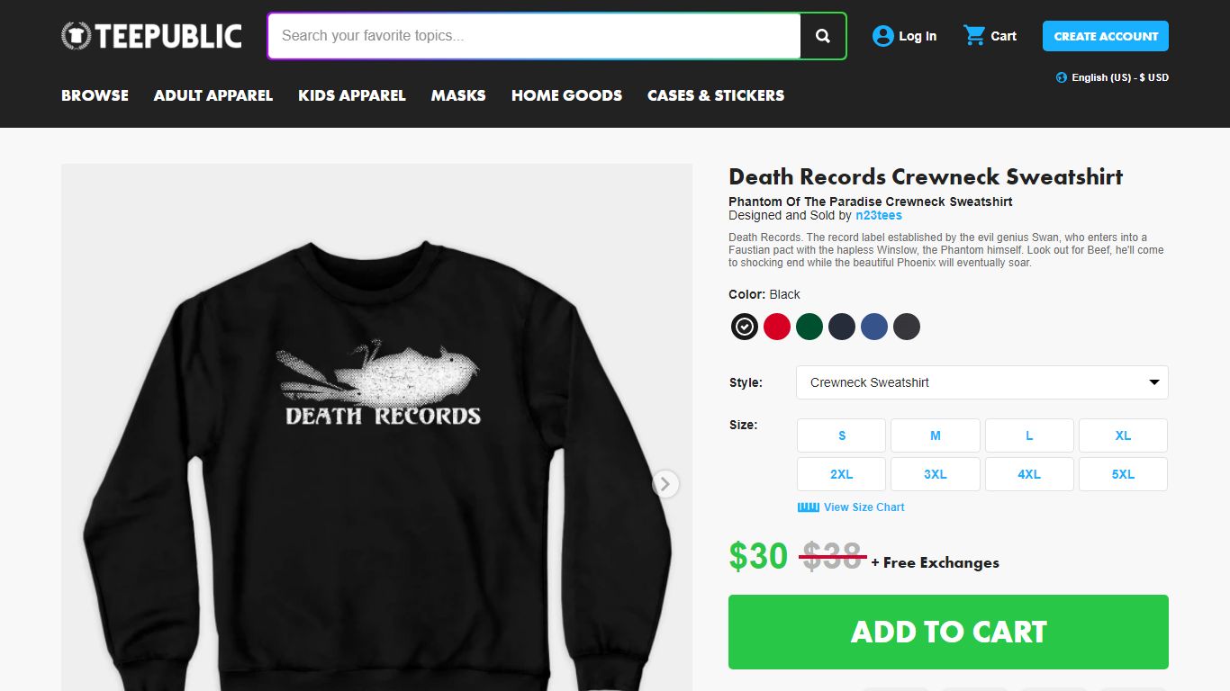 Death Records - Phantom Of The Paradise - Crewneck ...